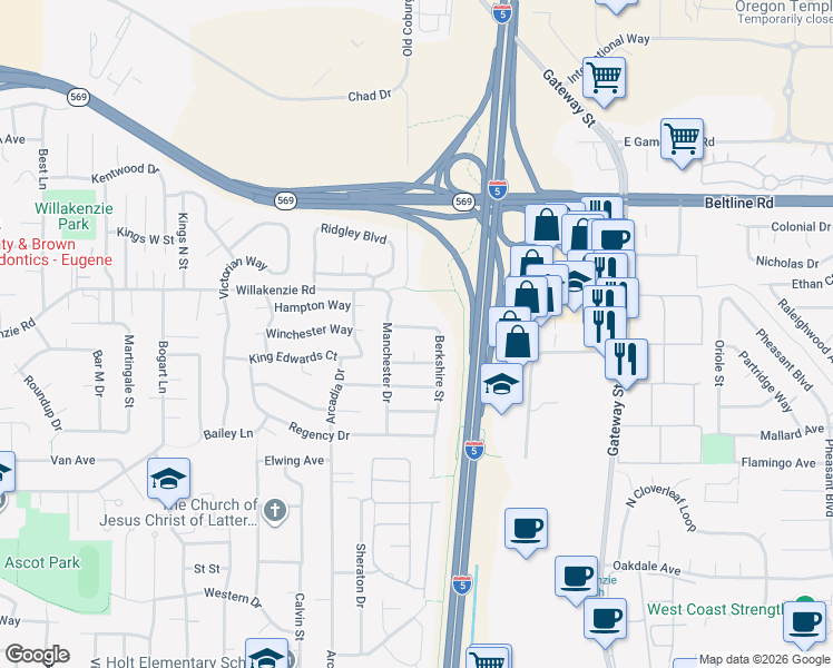 map of restaurants, bars, coffee shops, grocery stores, and more near 3540 Berkshire Street in Eugene