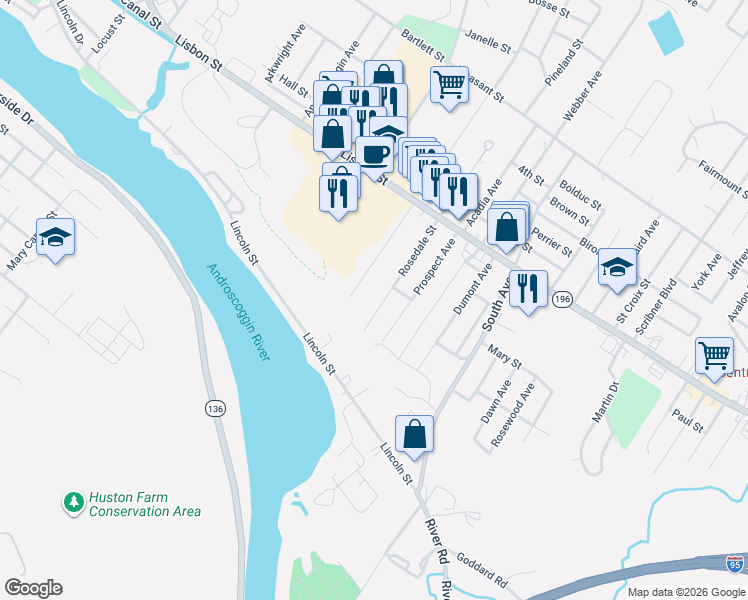 map of restaurants, bars, coffee shops, grocery stores, and more near 58 Rosedale Street in Lewiston