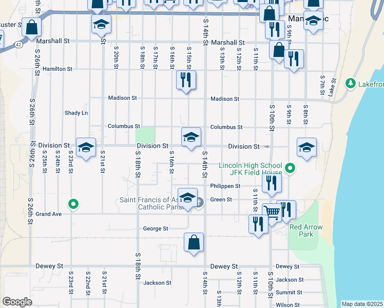map of restaurants, bars, coffee shops, grocery stores, and more near 1415 Division Street in Manitowoc