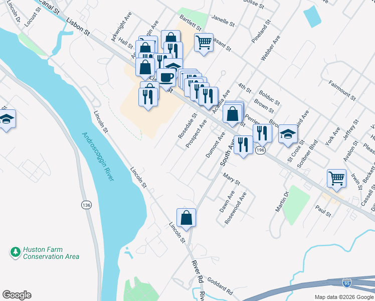 map of restaurants, bars, coffee shops, grocery stores, and more near 77 Prospect Avenue in Lewiston
