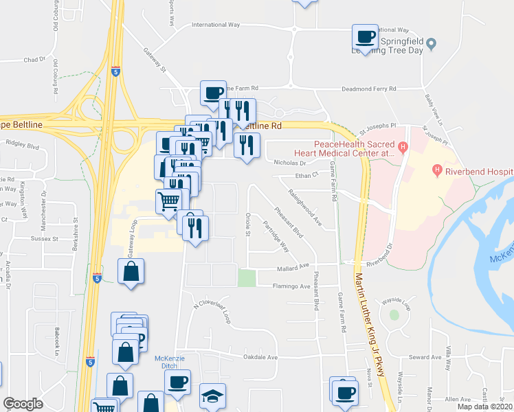 map of restaurants, bars, coffee shops, grocery stores, and more near 3291 Partridge Way in Springfield