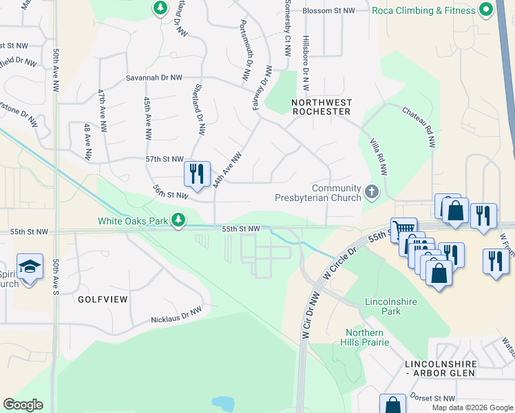 map of restaurants, bars, coffee shops, grocery stores, and more near 4304 56th Street Lane Northwest in Rochester