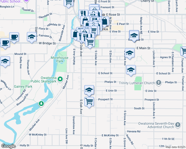 map of restaurants, bars, coffee shops, grocery stores, and more near 111 West School Street in Owatonna