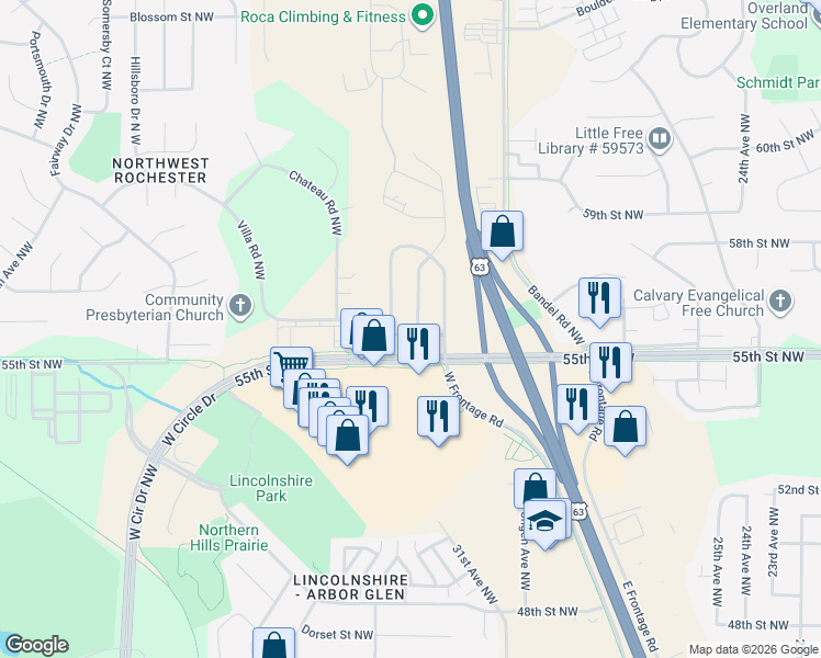 map of restaurants, bars, coffee shops, grocery stores, and more near 5515 Silas Dent Road Northwest in Rochester