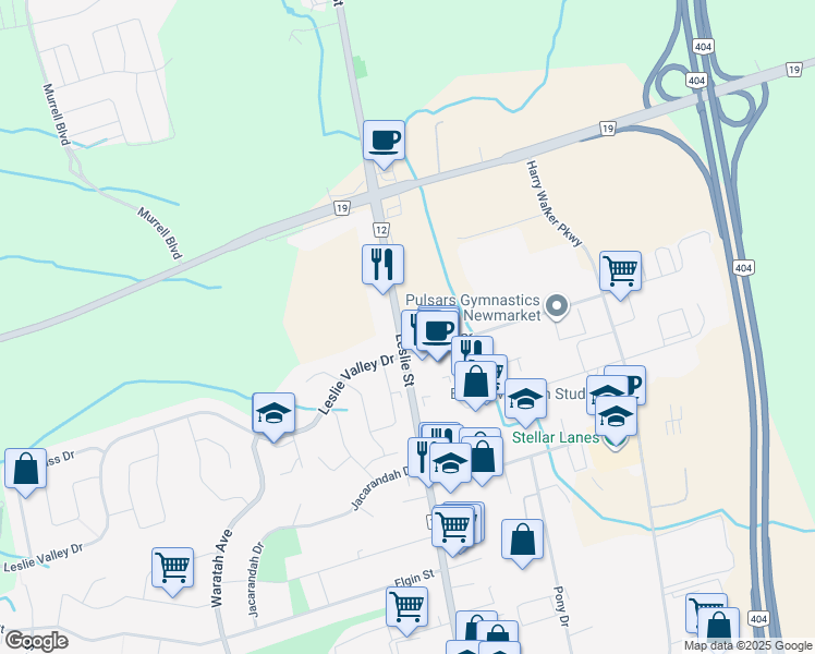 map of restaurants, bars, coffee shops, grocery stores, and more near 18099 Leslie Street in Newmarket