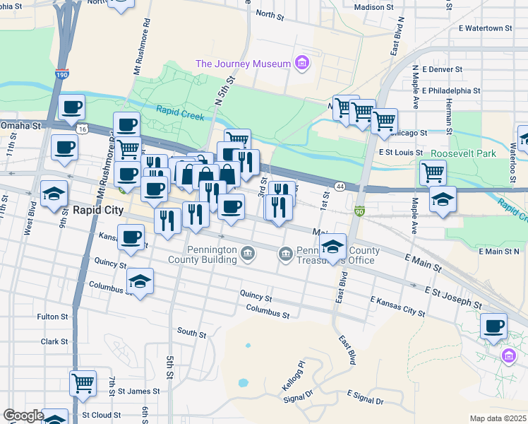 map of restaurants, bars, coffee shops, grocery stores, and more near 230 Main Street in Rapid City