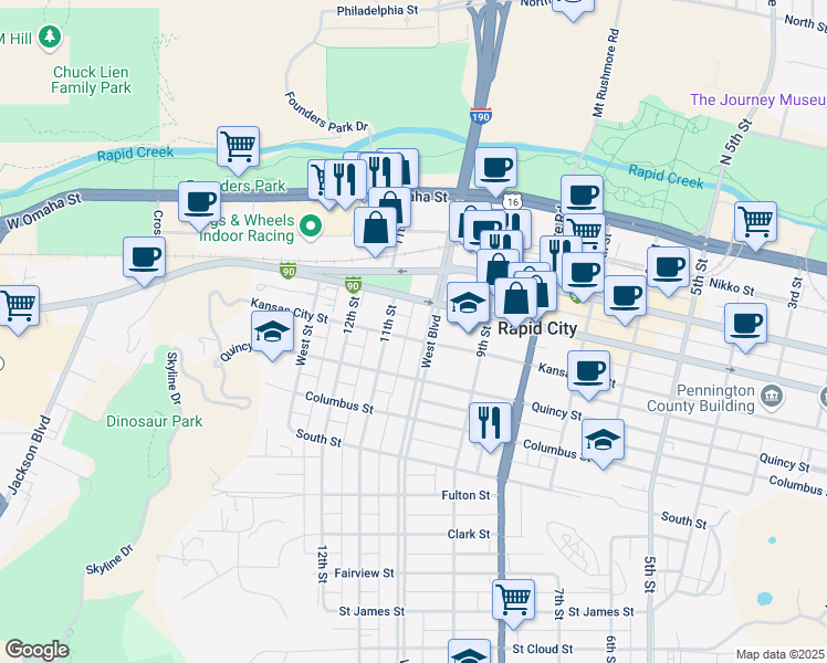 map of restaurants, bars, coffee shops, grocery stores, and more near 623 West Boulevard in Rapid City