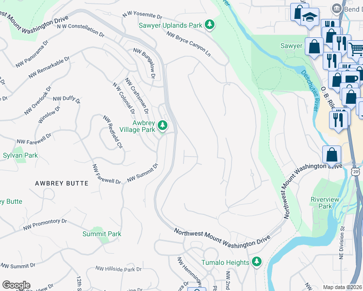 map of restaurants, bars, coffee shops, grocery stores, and more near 540 Northwest Divot Drive in Bend
