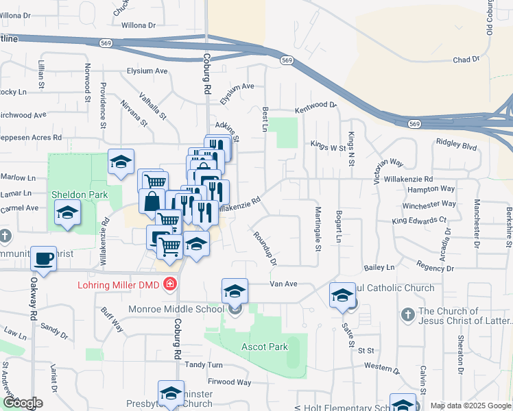 map of restaurants, bars, coffee shops, grocery stores, and more near 2982 Willakenzie Rd in Eugene