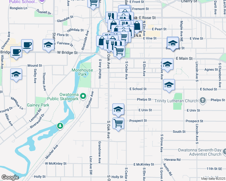 map of restaurants, bars, coffee shops, grocery stores, and more near 139 West School Street in Owatonna