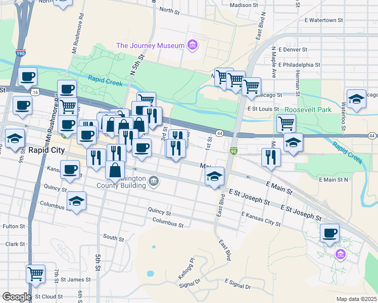 map of restaurants, bars, coffee shops, grocery stores, and more near 413 2nd Street in Rapid City