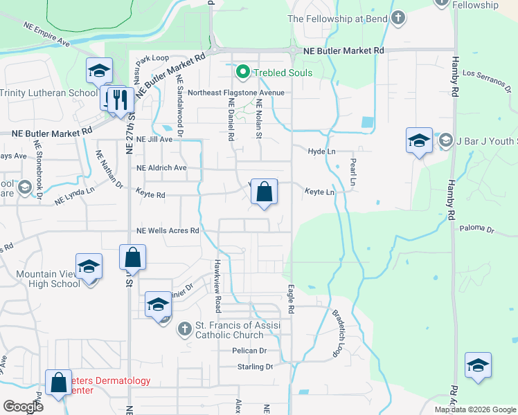 map of restaurants, bars, coffee shops, grocery stores, and more near 62812 Emily Court in Bend