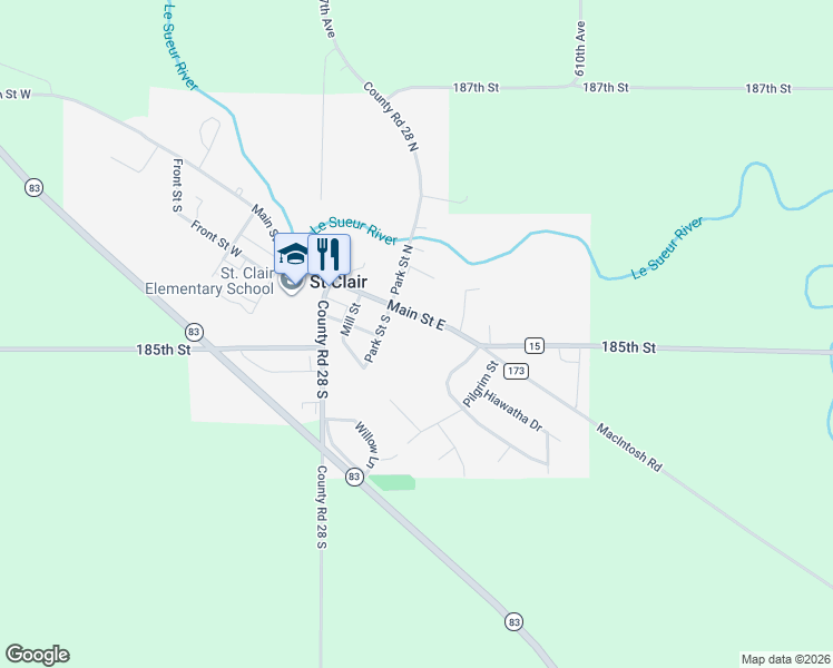 map of restaurants, bars, coffee shops, grocery stores, and more near 321 Main Street East in Saint Clair