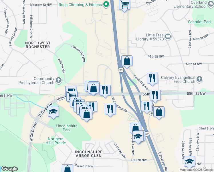 map of restaurants, bars, coffee shops, grocery stores, and more near 5515 Silas Dent Road Northwest in Rochester