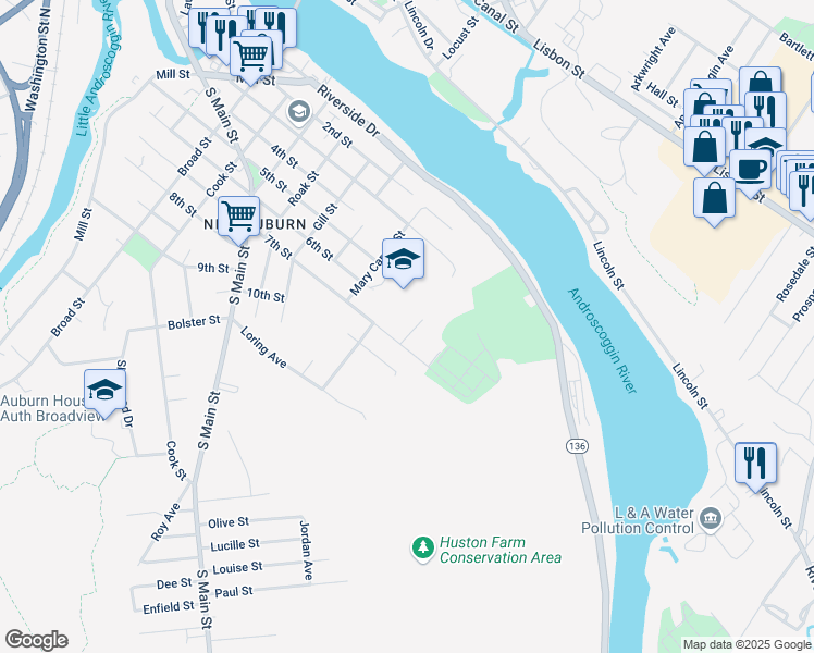 map of restaurants, bars, coffee shops, grocery stores, and more near 12 Boone Avenue in Auburn