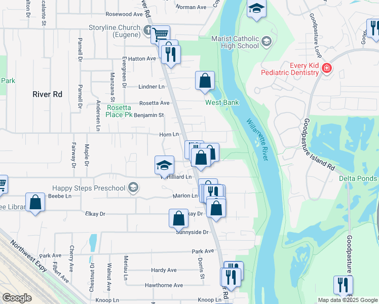 map of restaurants, bars, coffee shops, grocery stores, and more near in Eugene