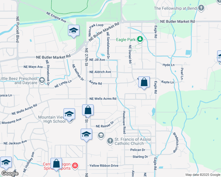 map of restaurants, bars, coffee shops, grocery stores, and more near 3016 Northeast Pacific Crest Drive in Bend