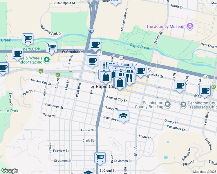 map of restaurants, bars, coffee shops, grocery stores, and more near 731 Interstate 90 Business Loop in Rapid City