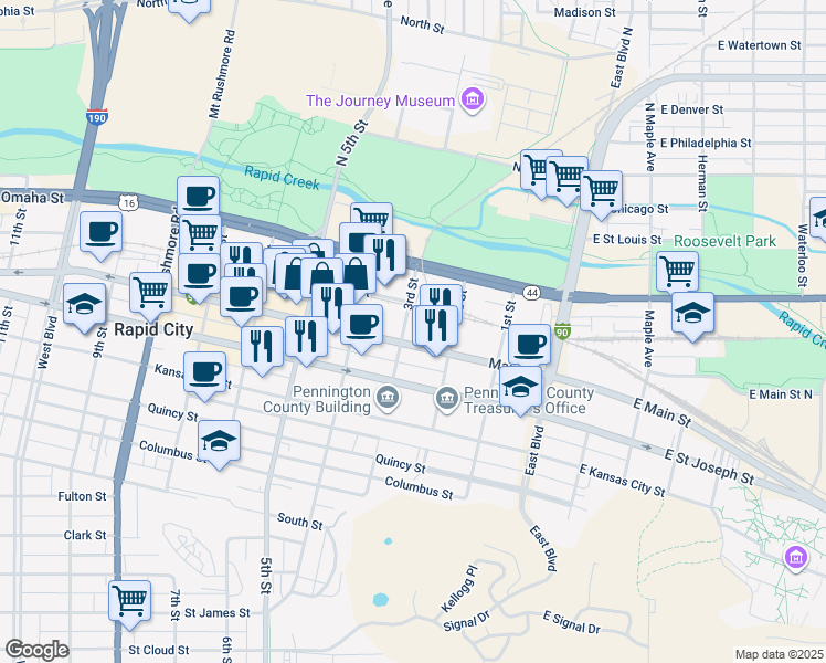 map of restaurants, bars, coffee shops, grocery stores, and more near 230 Main Street in Rapid City