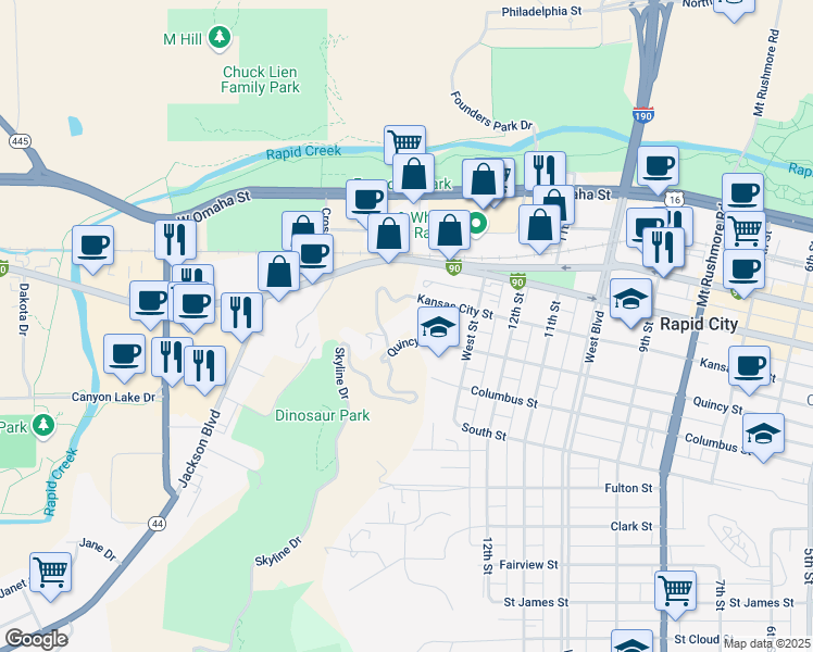 map of restaurants, bars, coffee shops, grocery stores, and more near 1324 Quincy Street in Rapid City
