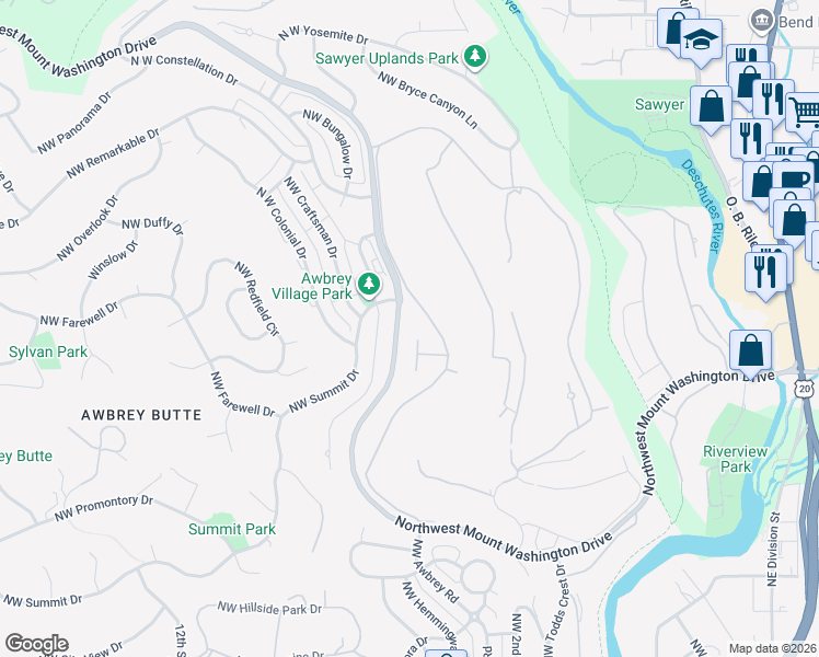map of restaurants, bars, coffee shops, grocery stores, and more near 540 Northwest Divot Drive in Bend