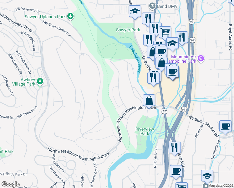 map of restaurants, bars, coffee shops, grocery stores, and more near 3061 Northwest Clubhouse Drive in Bend