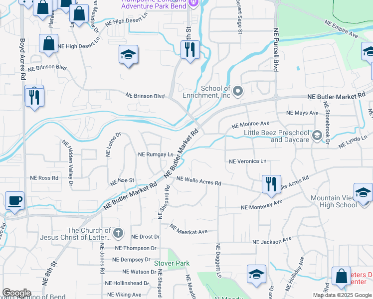 map of restaurants, bars, coffee shops, grocery stores, and more near 1614 Northeast Cackler Lane in Bend