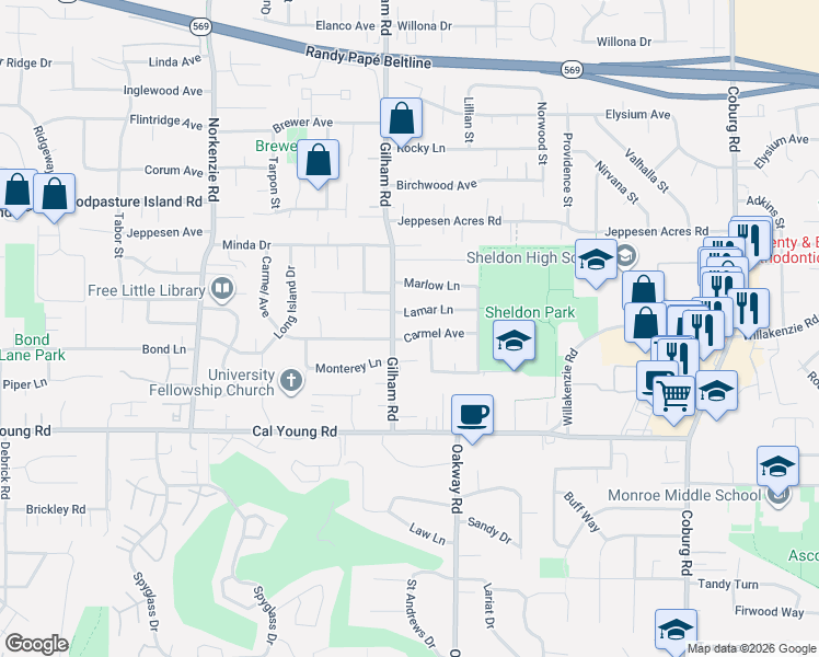map of restaurants, bars, coffee shops, grocery stores, and more near 1660 Gilham Road in Eugene