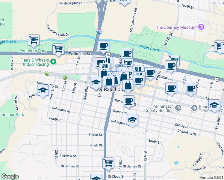map of restaurants, bars, coffee shops, grocery stores, and more near in Rapid City