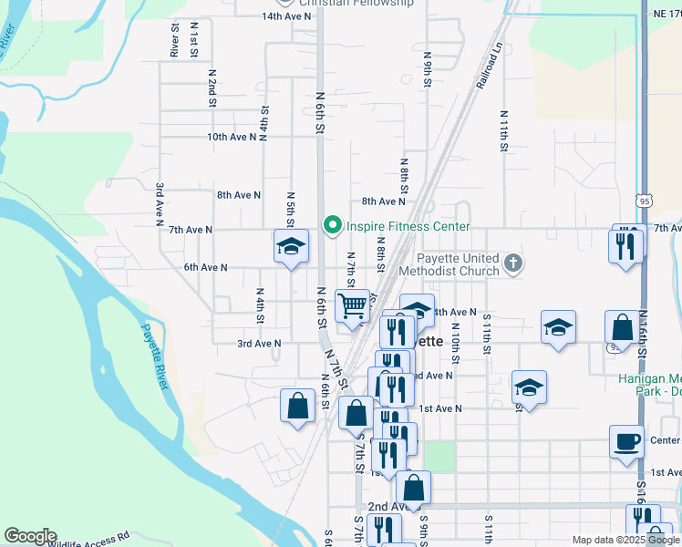 map of restaurants, bars, coffee shops, grocery stores, and more near 541 North 7th Street in Payette