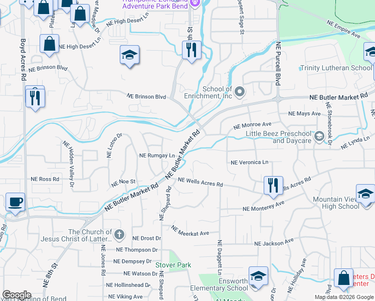 map of restaurants, bars, coffee shops, grocery stores, and more near 1627 Northeast Cackler Lane in Bend