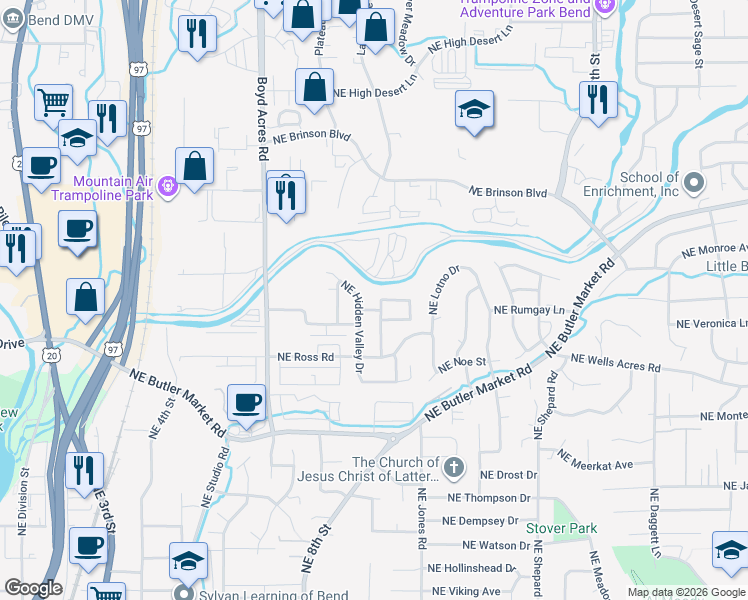 map of restaurants, bars, coffee shops, grocery stores, and more near 839 Northeast Hidden Valley Drive in Bend