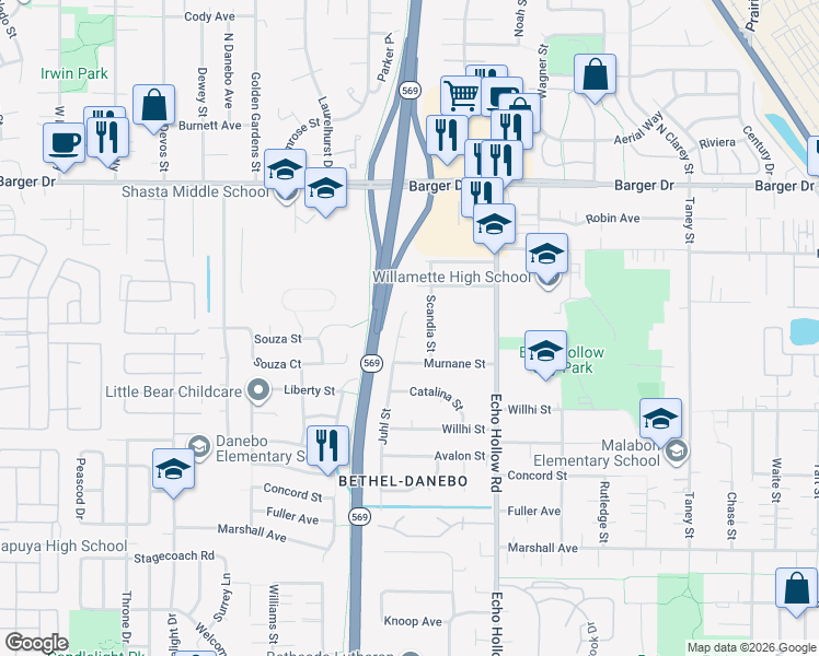 map of restaurants, bars, coffee shops, grocery stores, and more near 1550 Scandia Street in Eugene