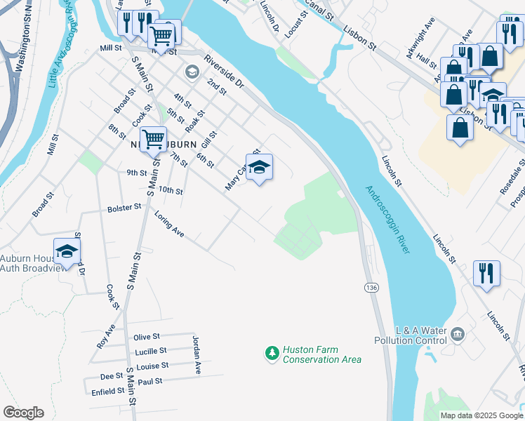 map of restaurants, bars, coffee shops, grocery stores, and more near 12 Boone Avenue in Auburn