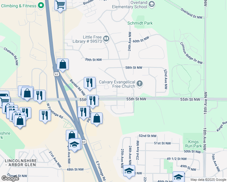 map of restaurants, bars, coffee shops, grocery stores, and more near 2611 55th Street Northwest in Rochester