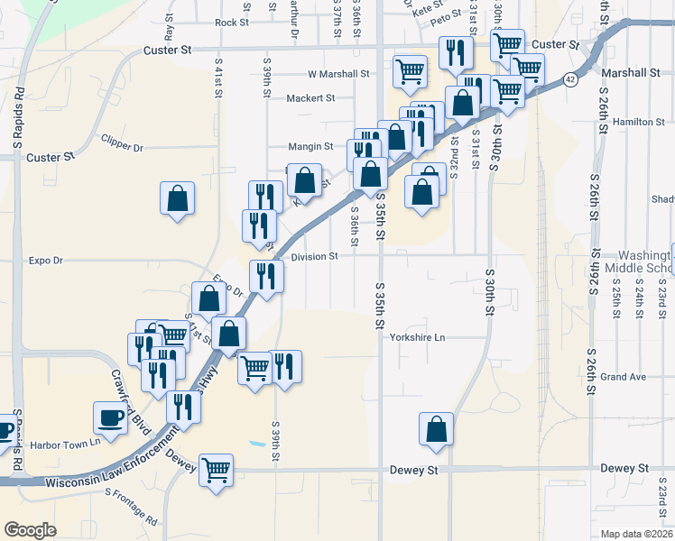 map of restaurants, bars, coffee shops, grocery stores, and more near 1509 South 37th Street in Manitowoc