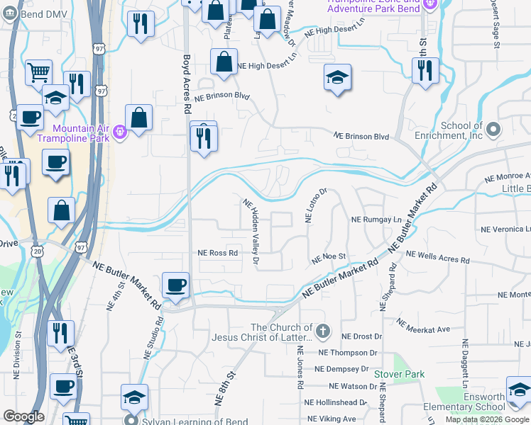 map of restaurants, bars, coffee shops, grocery stores, and more near 839 Northeast Hidden Valley Drive in Bend