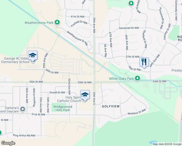 map of restaurants, bars, coffee shops, grocery stores, and more near 5033 56th Street Northwest in Rochester