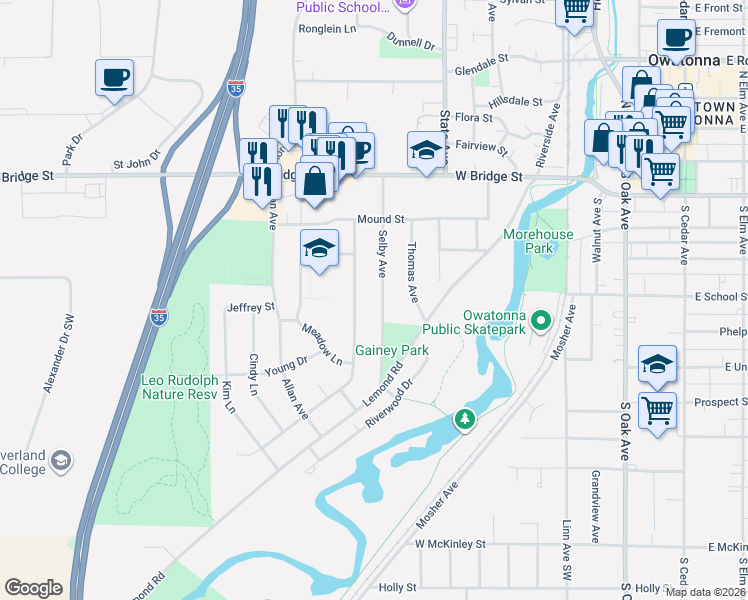 map of restaurants, bars, coffee shops, grocery stores, and more near 343 Hilltop Avenue in Owatonna