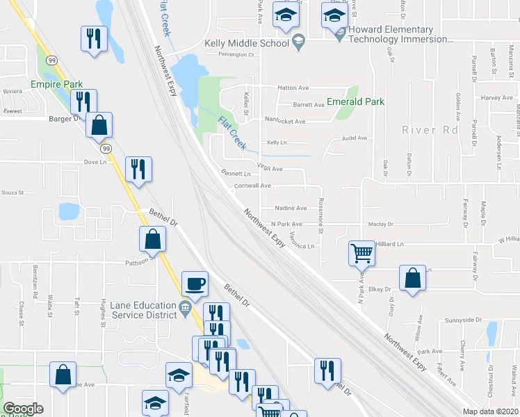 map of restaurants, bars, coffee shops, grocery stores, and more near 1209 North Park Avenue in Eugene