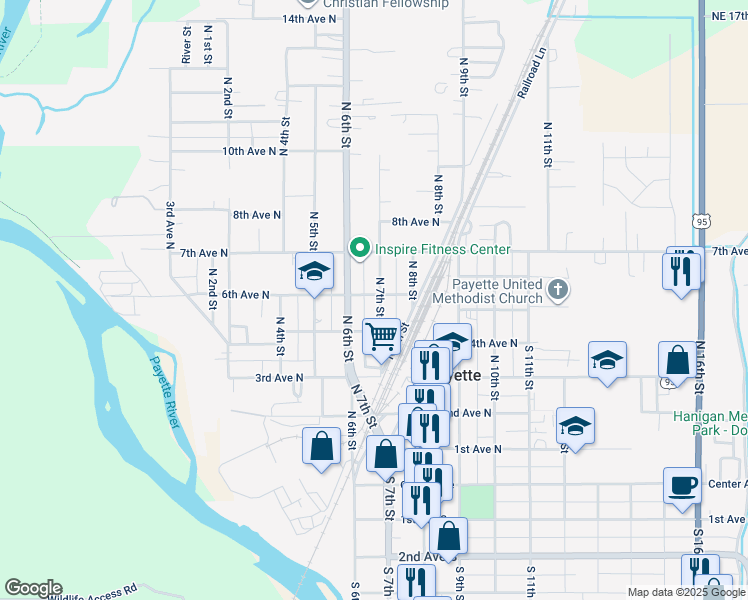 map of restaurants, bars, coffee shops, grocery stores, and more near 541 North 7th Street in Payette