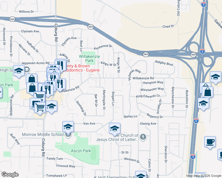map of restaurants, bars, coffee shops, grocery stores, and more near 1524 Bogart Lane in Eugene