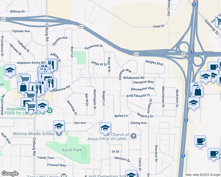 map of restaurants, bars, coffee shops, grocery stores, and more near 3220 Willakenzie Road in Eugene