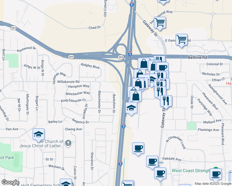 map of restaurants, bars, coffee shops, grocery stores, and more near 3595 Berkshire Street in Eugene