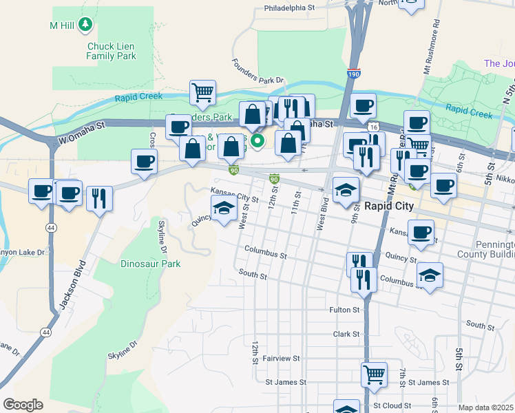 map of restaurants, bars, coffee shops, grocery stores, and more near 705 12th Street in Rapid City