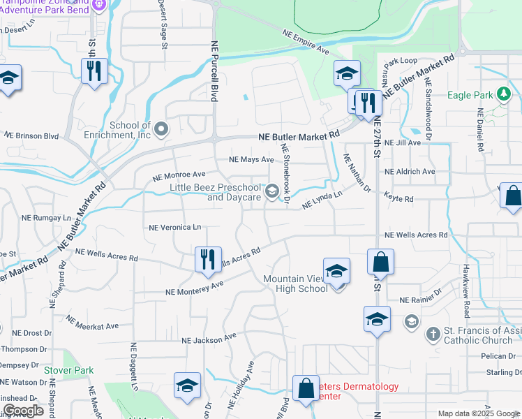 map of restaurants, bars, coffee shops, grocery stores, and more near 2249 Northeast Lynda Lane in Bend