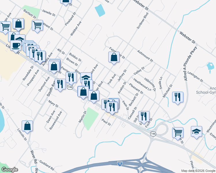 map of restaurants, bars, coffee shops, grocery stores, and more near 9 Nash St in Lewiston