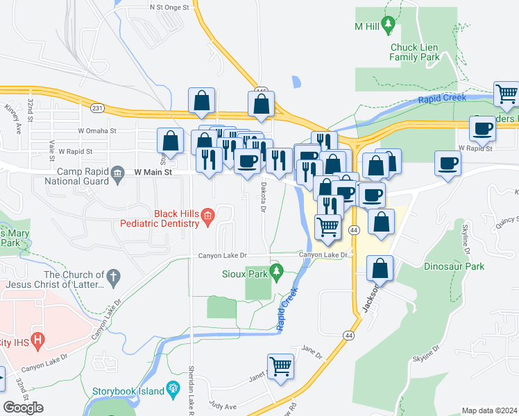 map of restaurants, bars, coffee shops, grocery stores, and more near 617 Dakota Drive in Rapid City