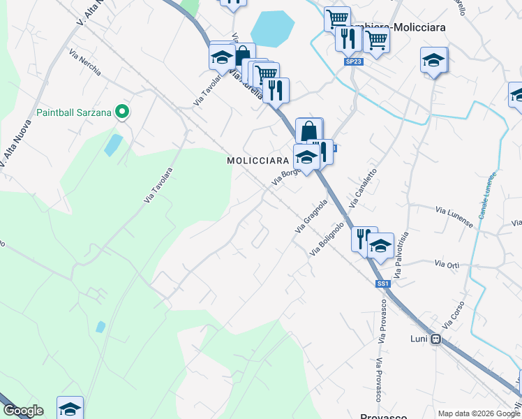 map of restaurants, bars, coffee shops, grocery stores, and more near 48 Via Borgolo in Colombiera-Molicciara