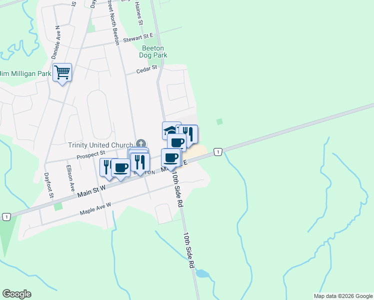 map of restaurants, bars, coffee shops, grocery stores, and more near 50 Main Street East in New Tecumseth